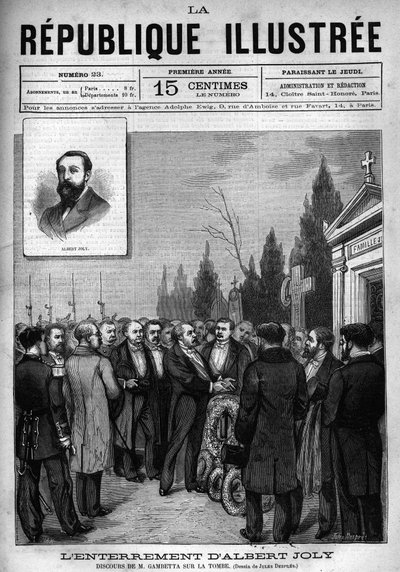 Rede von Leon Gambetta (1838-1882) bei der Beerdigung des Abgeordneten Albert Joly (1844-1880) auf dem Friedhof von Versailles. Eine Zeitung. Gravur von 1880 in „La republique illustree“ private Sammlung. von French School