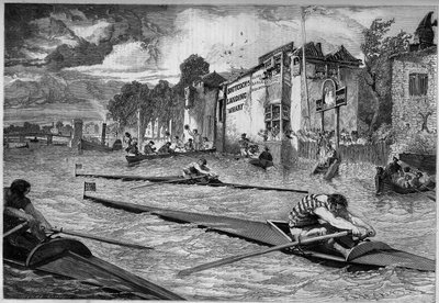 Sportwettbewerb: Kanurennen (Ausleger) auf der Themse. England von French School