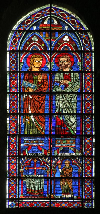 Die Heiligen Kosmas und Damian; Stifterpriester Geoffrey von French School
