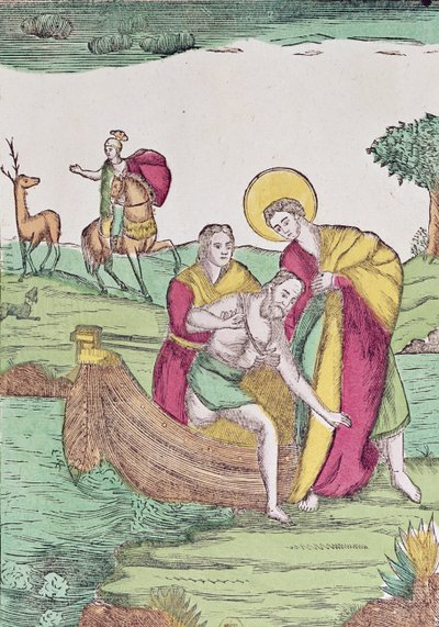 St. Julian der Gastfreundliche hilft einem Reisenden über einen Fluss von French School