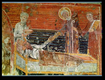 St. Severinus (gest. 507) heilt Chlodwig I. (465-511) Kopie eines Originals aus dem 12. Jahrhundert in der Kirche von Chateau-Landon von French School