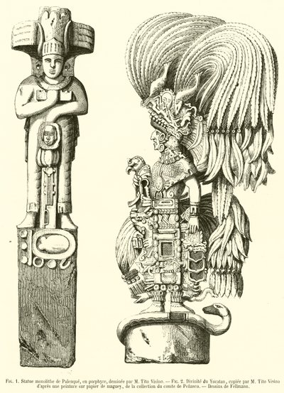 Monolithische Statue von Palenque, aus Porphyr; Gottheit von Yucatan (Gravur) von French School