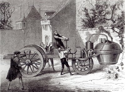 Dampfwagen, erfunden von Nicolas Joseph Cugnot (1725-1804) im Jahr 1771, 1886 von French School