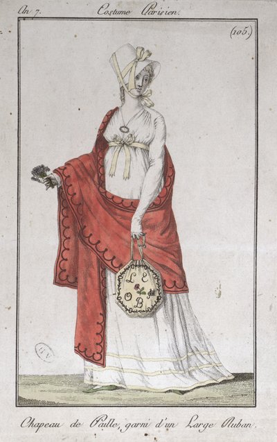 Strohhut mit einem Band, Modeplatte aus Costumes Parisiens, 1799 von French School