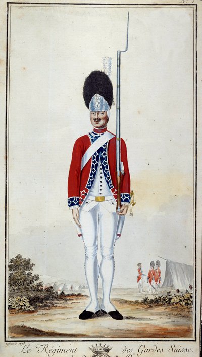 Schweizergarde. Tafel 16 in „Compendium der Militäruniformen der französischen Truppen unter Ludwig XVI.“ Lithographie von 1779. Dim. 0,23x0,16 m. Paris, Armeemuseum von French School
