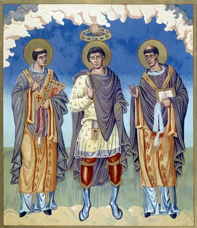 Symbolische Krönung eines französischen Prinzen umgeben von Geistlichen. Illustration aus 