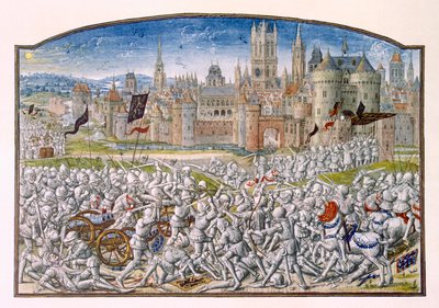 T.2 fol.287 Sieg der Einwohner von Gent unter der Führung von Philipp van Artevelde vor Brügge im Jahr 1381, aus Froissarts Chronik, 1472 von French School