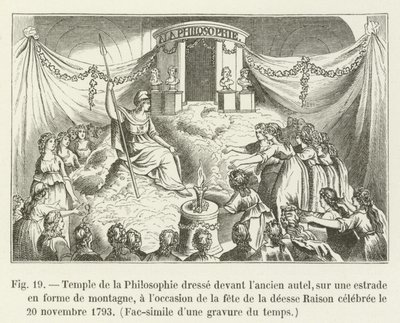 Tempel der Philosophie vor dem alten Altar, auf einer Bühne in Form eines Berges, anlässlich des Festes der Göttin Vernunft gefeiert am 20. November 1793, Faksimile eines zeitgenössischen Stichs von French School