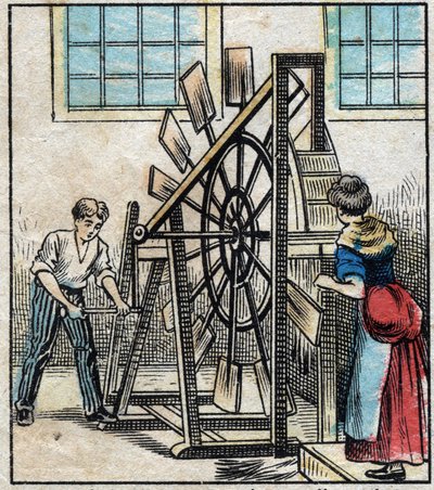 Textil, Leinen. Bearbeitung des Flachses, um das Stroh durch Mühlen fallen zu lassen und so die Faser zu erhalten. Gravur. Epinal-Bildgebung Ende des 19. Jahrhunderts. von French School