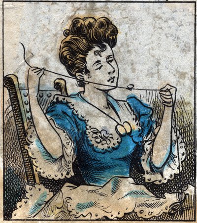 Textil, Leinen. Frau benutzt einen Ballen, um Nähfäden zu verwenden. Gravur. Epinal-Bild Ende des 19. Jahrhunderts. von French School