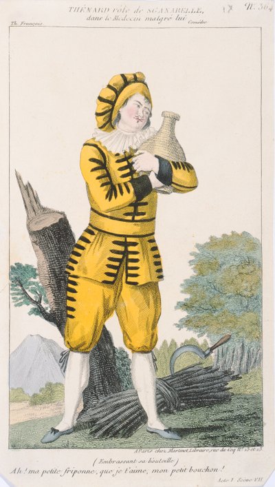 Der Schauspieler Thenard in der Rolle des Sganarelle im Stück Le Medecin Malgre Lui, aufgeführt in Paris an der Comédie-Française, frühes 19. Jahrhundert von French School