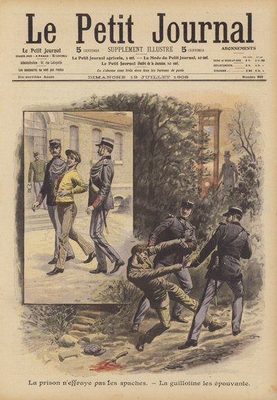 Die Apachen fürchten das Gefängnis nicht. Die Guillotine erschreckt sie (Farblithografie) von French School