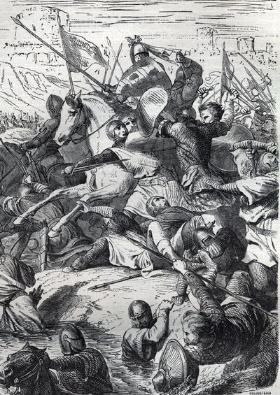 Die Schlacht von Kortrijk (Schlacht der Goldenen Sporen) zwischen dem König von Frankreich und der flämischen Gemeindemiliz am 11. Juli von French School