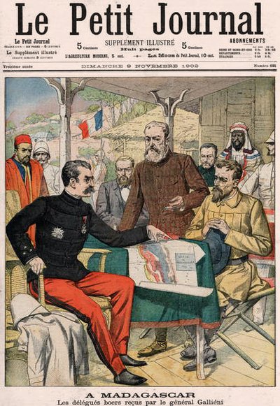 Die Buren-Delegation wird von General Joseph Simon Gallieni (1849-1916) in Madagaskar empfangen, Titelblatt des Le Petit Journal Farbbeilage Nr. 625, 9. November 1902 von French School