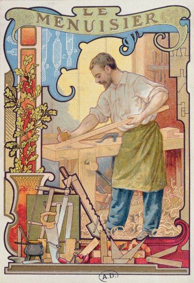 Der Zimmermann, Illustration aus einem Buch über Handwerke, ca. 1899 von French School
