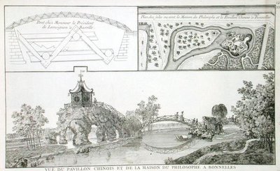 Der chinesische Pavillon und das Haus der Philosophie im Parc de Bonnelles, in der Nähe von Paris, aus 
