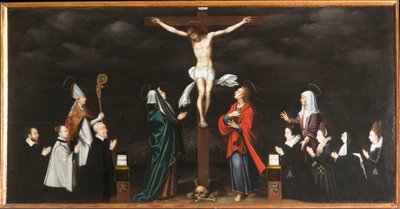 Die Kreuzigung, Porträts der Stifter. Triptychon von Aubery von French School