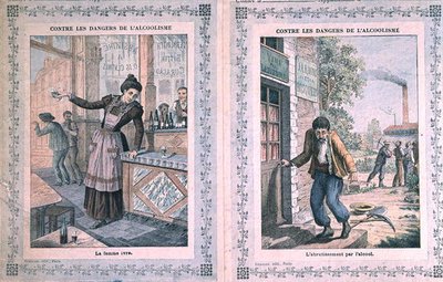 Die Gefahren des Alkoholismus, Titelblatt eines Schulheftes, um 1900 von French School
