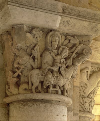 Die Flucht nach Ägypten, Säulenkapitellrelief aus der Kirche der Benediktinerabtei, 13. Jahrhundert von French School