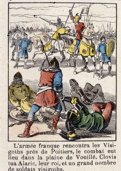 Die französische Armee traf die Westgoten in der Nähe von Poitiers, der Kampf fand in der Ebene von Vouillé statt. Clovis tötete Alarich, ihren König, und eine große Anzahl westgotischer Soldaten, im Jahr 507. von French School