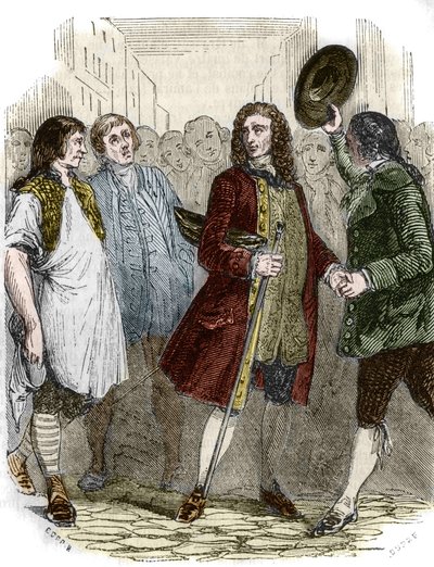 Der französische Schriftsteller und Philosoph Francois-Marie Arouet genannt Voltaire (1694-1778) kehrt nach seinem Exil nach Frankreich zurück. Gravur aus dem 19. Jahrhundert. von French School