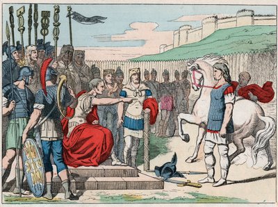 Der gallische Anführer Vercingetorix (80-46 v. Chr.) geht zu Julius Caesar (100-44 v. Chr.) nach Alesia im Jahr 52 v. Chr. - Gravur Ende des 19. Jahrhunderts in „Nos Gires Nationales - Images et récits“ von French School