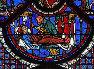 Das Fenster des barmherzigen Samariters: Der Samariter versorgt den Verwundeten von French School
