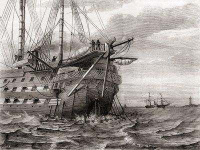 Die HMS Agamemnon bei der Verlegung des transatlantischen Telegraphenkabels, 2. August von French School