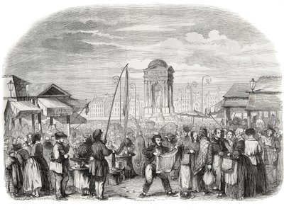Die Unschuldigen marschieren in Paris mit dem Brunnen - Gravur in "Tableau-de-Paris" von Edmond Texier 1852 von French School