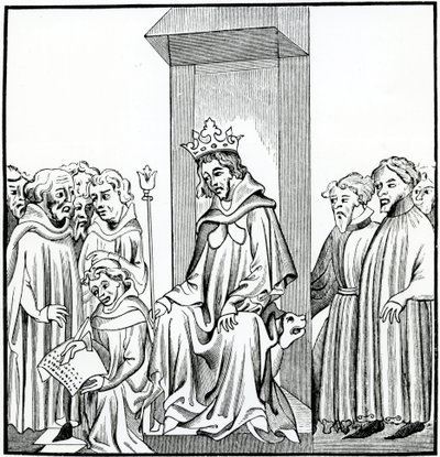 Der König der Franken diktiert das Salische Gesetz, nach einer Miniatur in den Chroniken von St. Denis von French School