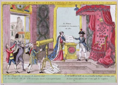 Das Mikroskop des Zorns, das Teleskop des Stolzes und die Augen der Vernunft und des gesunden Menschenverstands, Karikatur der Reaktion des Adels und Klerus auf die Französische Verfassung, um 1791 von French School