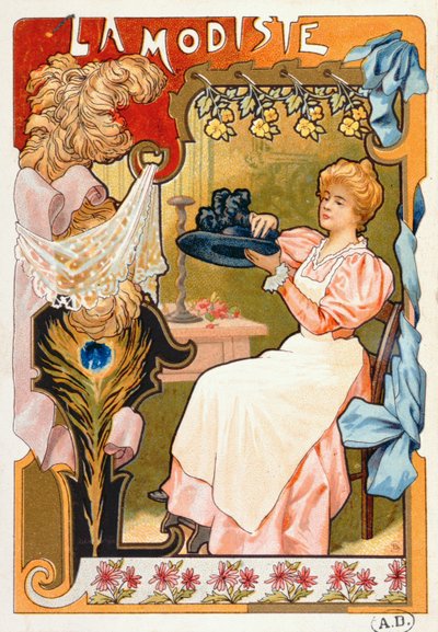 Die Modistin, aus einer Serie von Lithografien, die verschiedene Berufe darstellen, 1899 von French School
