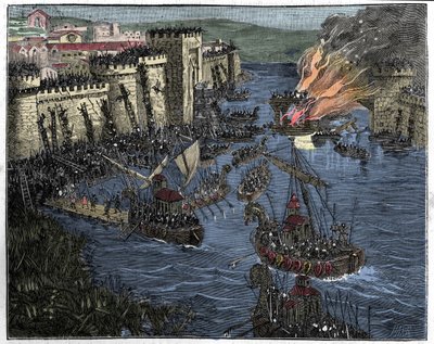 Die Normannen, angeführt von Rollo, belagern Paris im Jahr 885, Illustration aus Frankreich und die Franzosen durch die Jahrhunderte, 1884 von French School