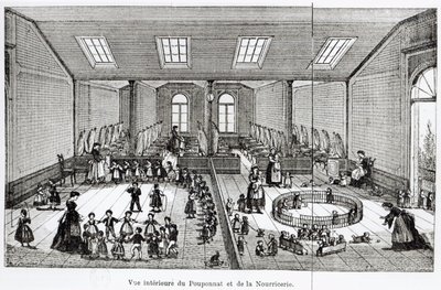 Die Kinderkrippe im Familisterium von Guise, aus Solutions Sociales von Jean-Baptiste Andre Godin, Paris, 1871 von French School