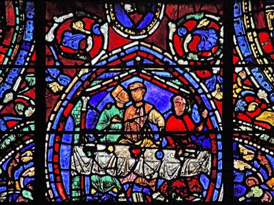 Das Fenster des verlorenen Sohnes: Er umarmt eine der Kurtisanen von French School