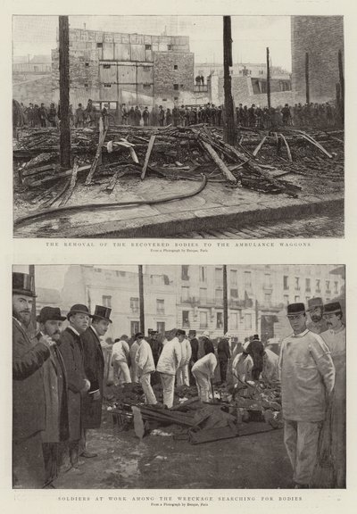 Die Bergung der geborgenen Leichen zu den Ambulanzwagen, Soldaten bei der Arbeit unter den Trümmern auf der Suche nach Leichen von French School