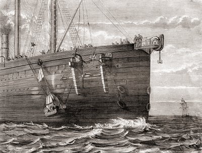 Die S.S. Great Eastern wirft eine Boje ins Meer, um die Stelle eines verlorenen transatlantischen Telegraphenkabels zu markieren von French School
