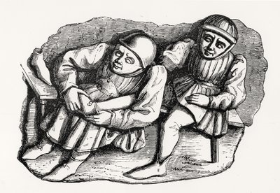 Der Schuster und sein Kunde, kopiert von einem der Misericordia-Stände im Chor der Kathedrale von Rouen, Illustration aus Wissenschaft und Literatur im Mittelalter und der Renaissance, geschrieben und von French School