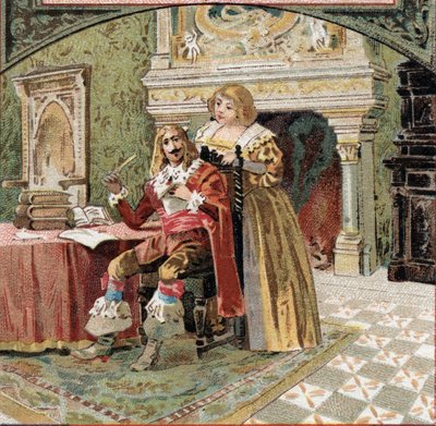 Der Sire von Beringhen und Madame du Fargis verschworen sich gegen Richelieu (Armand Jean du Plessis, Kardinal von Richelieu (1585-1642), Minister von Ludwig XIII., im Schloss von Azay-le-Rideau. Chromolithographie aus dem späten 19. Jahrhundert von French School
