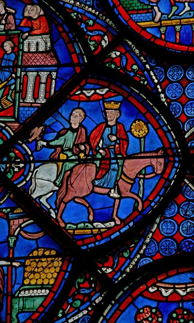 Das St. Thomas Fenster: Der König von Indien geht auf die Falkenjagd von French School