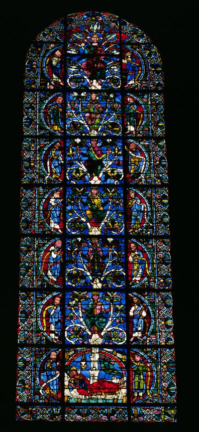Der Baum Jesse, Lanzettenfenster in der Westfassade (Buntglas) von French School