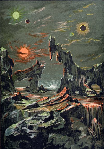 Die Welt von vier Monden und vier Sonnen, Illustration aus LAstronomie Populaire, geschrieben von Camille Flammarion (1842-1925) 1881 von French School