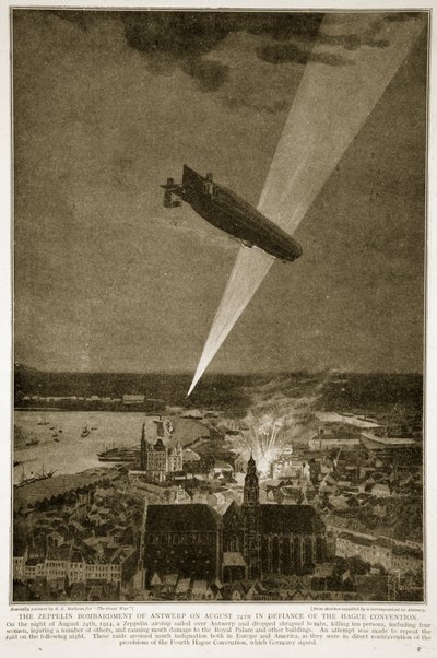 Die Zeppelin-Bombardierung von Antwerpen am 24. August 1914 trotz der Haager Konvention, 1914-19 von French School