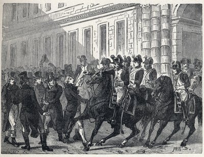 Die Armee zerstreut die Abgeordneten während des Staatsstreichs, der von der Mehrheit des Exekutivdirektoriums gegen die Royalisten der Räte der Alten und der Fünfhundert am 4. September organisiert wurde. von French School