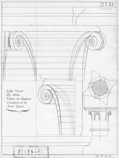 Das korinthische Kapitell, Illustration aus einem Buch über Geometrie, 18. oder 19. Jahrhundert, veröffentlicht Avec Privilege du Roy et E.. du Gouvernement von French School