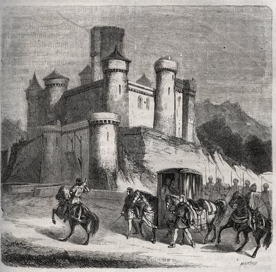 Der Zug von Rigonde (Rigonthe) (um 569-nach 589) verlässt Paris, um zu ihrem Verlobten, Prinz Recarede, zu gehen. Gravur von 1871 in „Histoire Des Cocus Célèbres“ von Henry de Kock (1819-1892). von French School