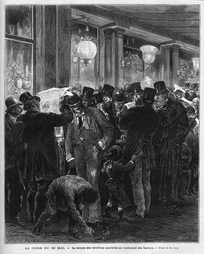Die Krise vom 16. Mai 1877: Lesen der neuesten Nachrichten auf dem Boulevard des Italiens in Paris. Diese französische politische Krise ist das Ergebnis des Briefes von Mac Mahon (Mac-Mahon), der die Haltung des Ratspräsidenten Jules Simon kritisiert, der  von French School