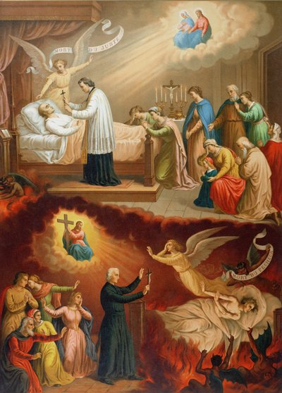 Der Tod des Gerechten und der Tod des Sünders, Illustration aus einem Bildkatechismus, Ende des 19. Jahrhunderts von French School