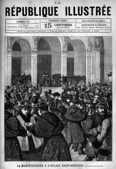 Die Demonstration an der Kirche Saint-Augustin in Paris: Auseinandersetzung zwischen der Pariser Polizei und Demonstranten, die gegen die Dekrete vom März 1880 protestieren, die von Jules Ferry erlassen wurden und das Recht auf Unterricht durch nicht autor von French School
