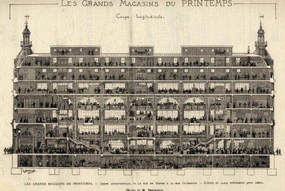 Die Kaufhäuser von Printemps im Jahr 1889, Längsschnitt, von der Rue du Havre zur Rue Caumartin, Zeichnung von Berteault, Bianchetti-Sammlung von French School